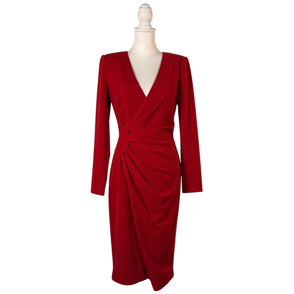 Badgley Mischka Red Crepe Dress Women's 6 Long Sleeve V-Neck Classic Siren Chic